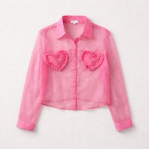 Pink Sheer Heart Appliqué Button-Up Shirt Small